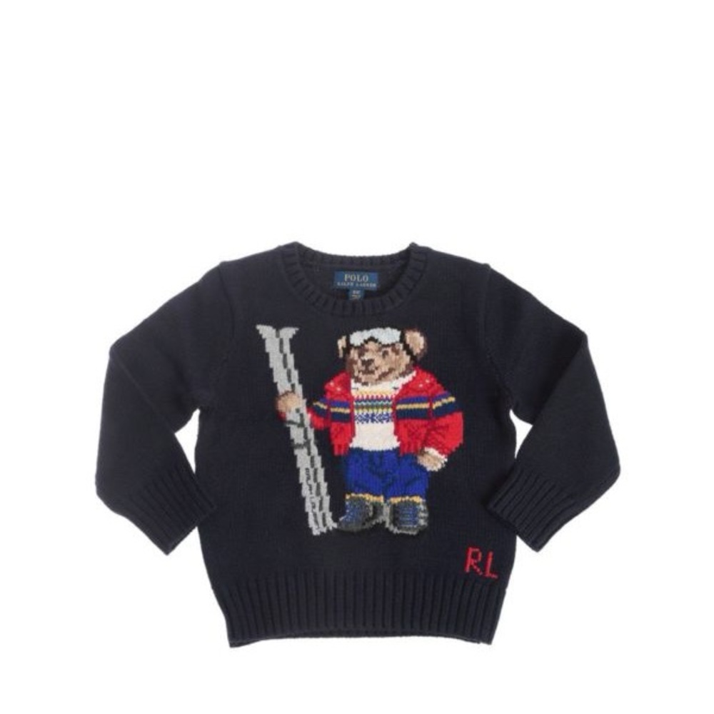 Ralph Lauren Navy Sweater with Ski Bear Graphic and Red Accents